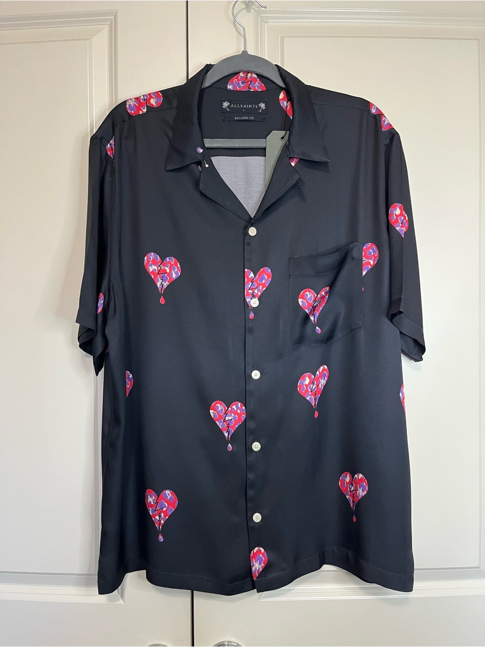 All Saints Black Short-Sleeve Button-Down Shirt with Red & Pink Heart Print